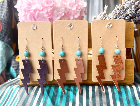 Lightning Leather Earrings * Free Shipping* Brown, Copper, Eggplant