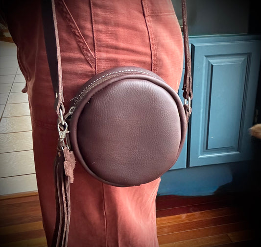 Mini Round Crossbody Purse Leather *Free Shipping* Chestnut Brown
