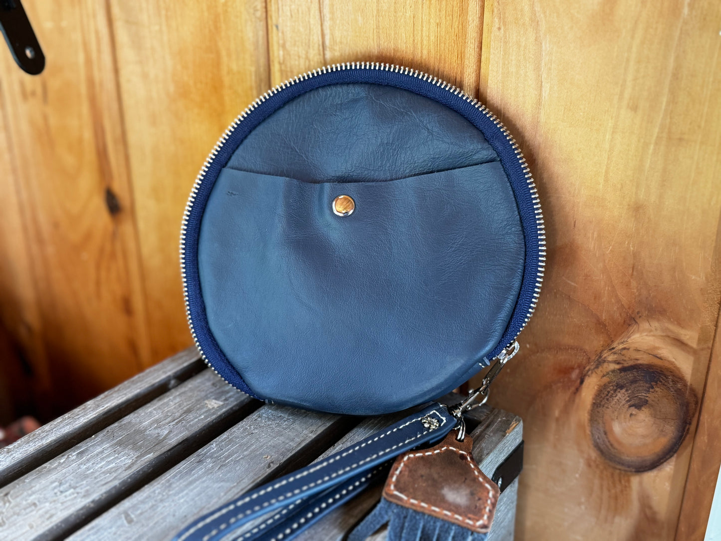 7” Mini Round Leather Wristlet in Cobalt Blue *Free Shipping*