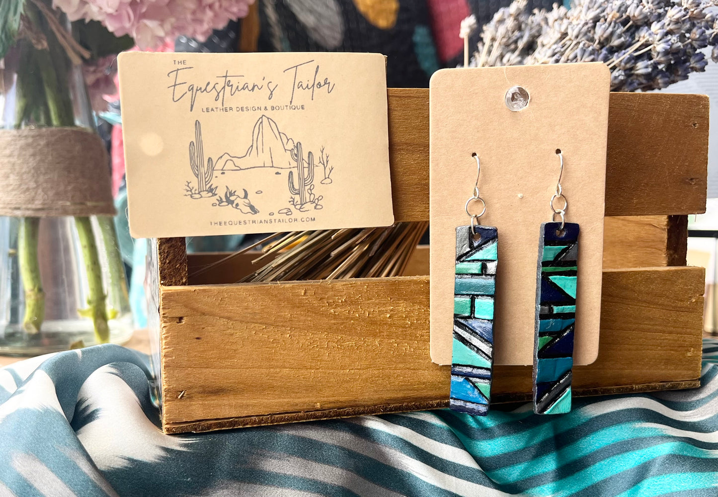 Aztec Ocean & Silver Leather Drop Earrings