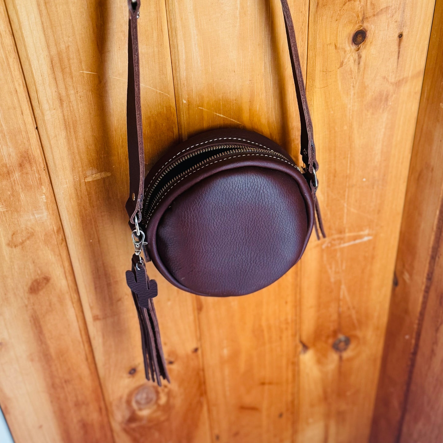 Mini Round Crossbody Purse Leather *Free Shipping* Chestnut Brown