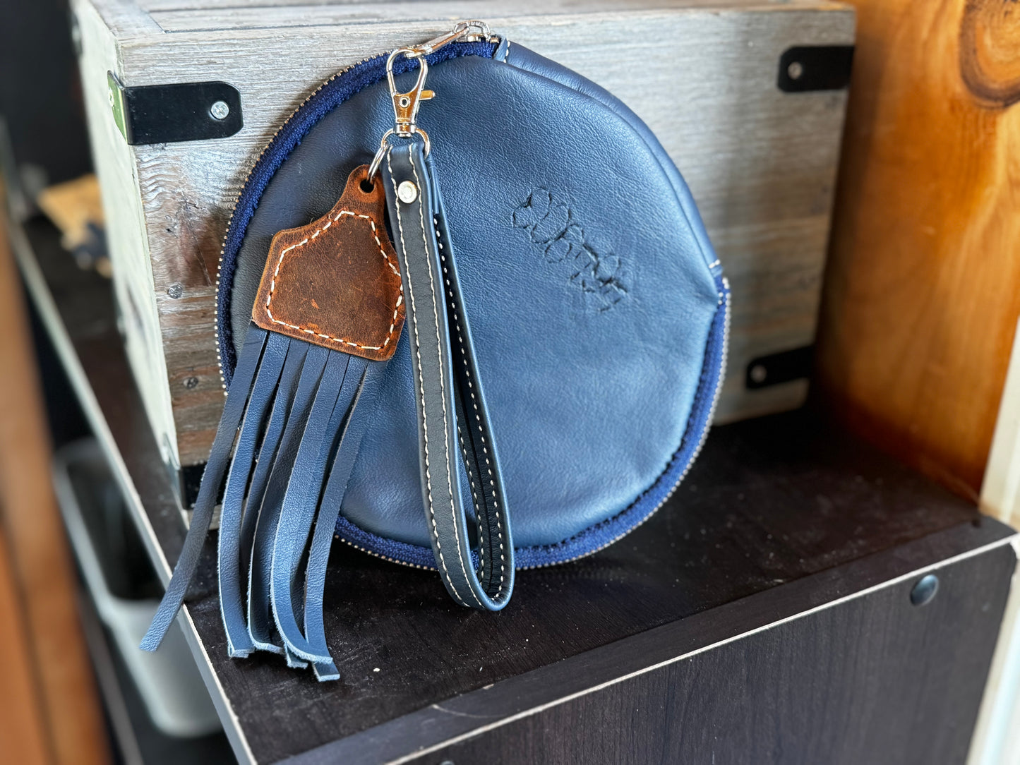 7” Mini Round Leather Wristlet in Cobalt Blue *Free Shipping*