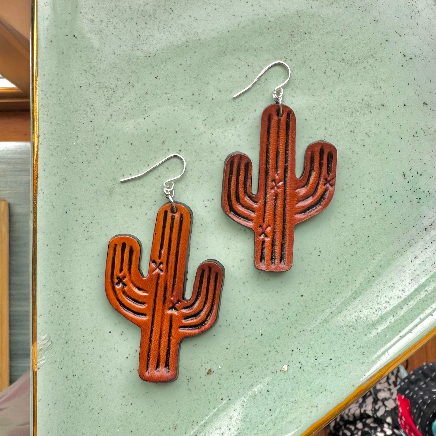 Tooled Cactus Tooled Leather & Sterling Silver Earring *Free Shipping*