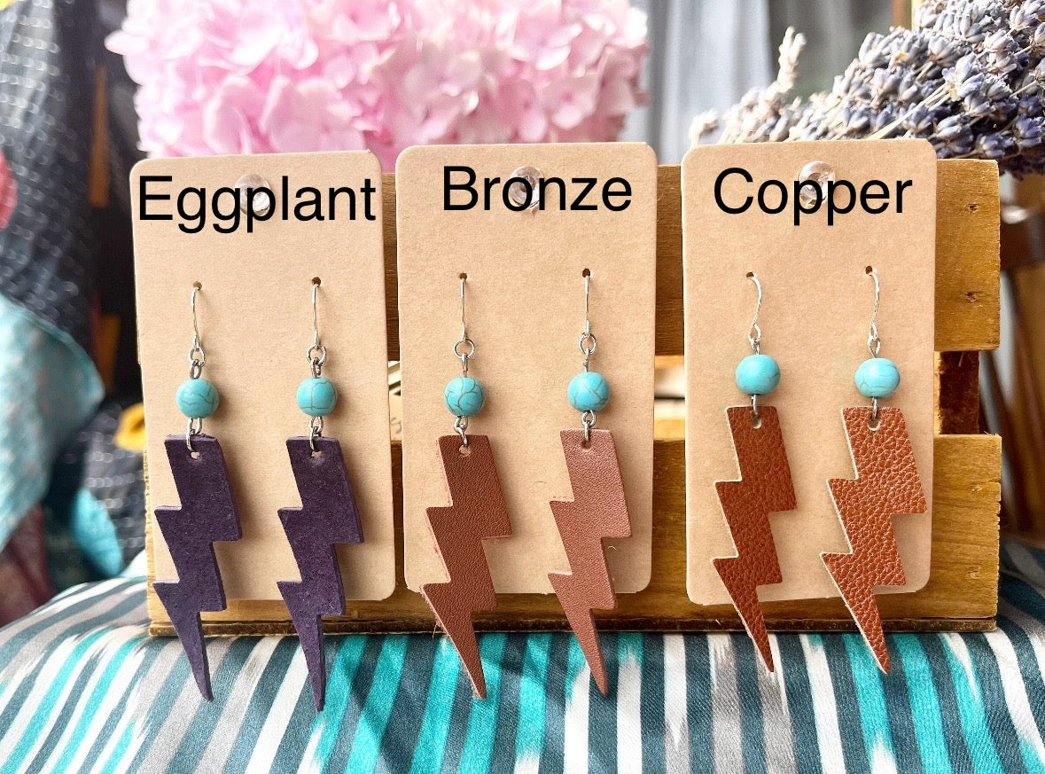 Lightning Leather Earrings * Free Shipping* Brown, Copper, Eggplant